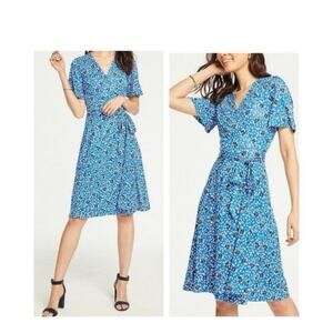 Ann Taylor 8T ladies full wrap tie belt pansy floral stretchy midi sun dress